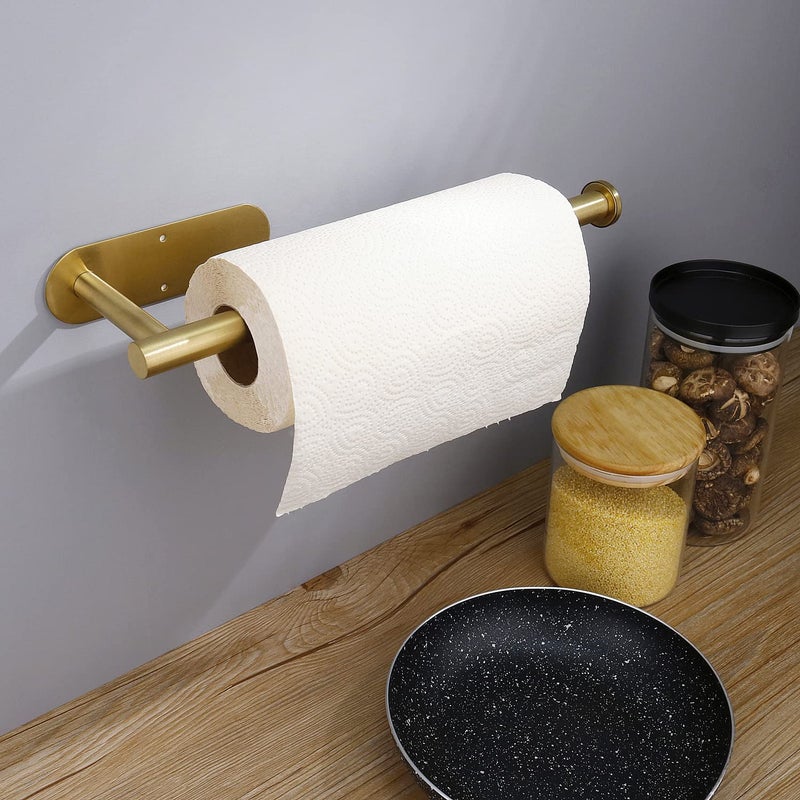 Gewtur Gold Paper Towel Holder Under Cabinet  Adhesive Paper Towel Roll Holder Stick on Wall  Stainless Steel Towel Paper Holder for Bathroom Kitchen - Image 3